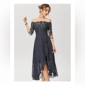 New with tags JJ’S House grey and silver off shoulder cocktail dress